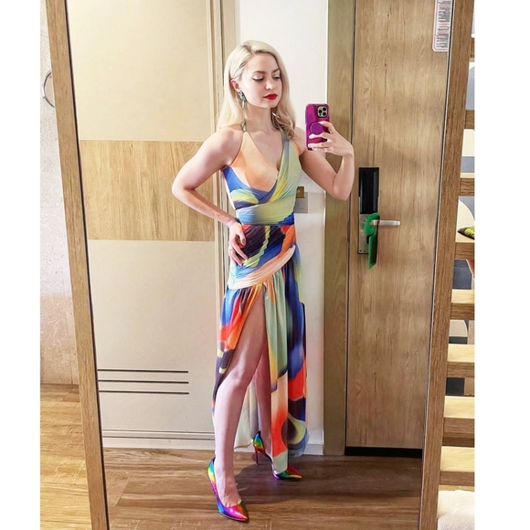 NICHOLAS Bristol Ruched Printed Mesh Halterneck Multicolor Slit Midi Dress - Picture 13 of 14